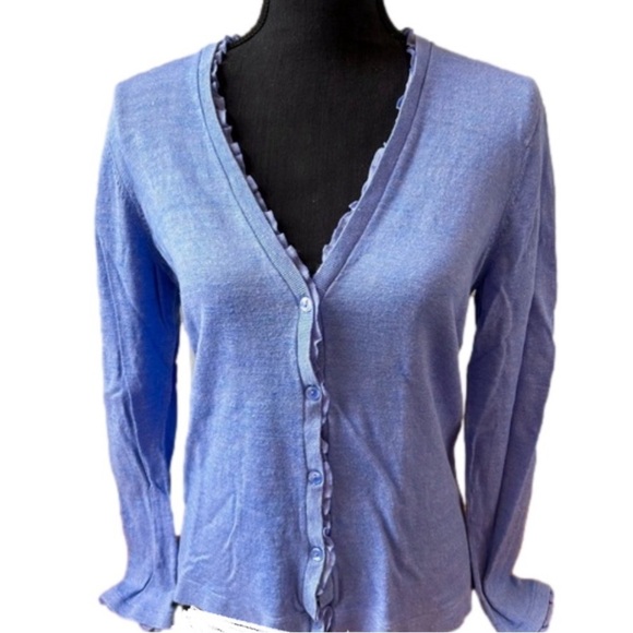 Jones New York 💵 Collection Blue V-Neck Cardigan Size Large Chiffon Ruffle - Picture 1 of 5